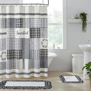 NEW! Farmhouse Black White Stenciled Patchwork Cotton Fabric Shower Curtain